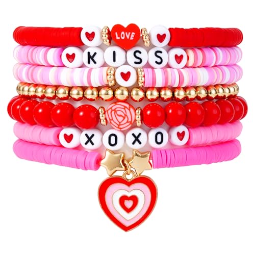 RISHEGAE Valentine Bracelets for Women Heishi Stretch Bracelet Stackable Heart Charm Bracelets Kiss Love Bracelet Set Valentine jewelry gifts for Women