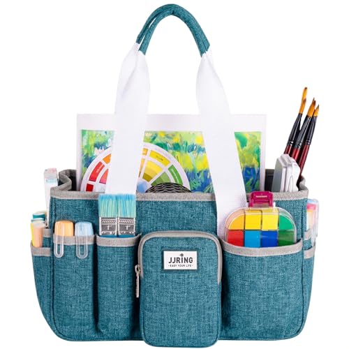 Image of JJRING Foldable Craft Organizer Tote With Zipper & Divider, Green | Portable Art Storage Caddy Bag For Scrapbooking, Sewing, Artist & Home