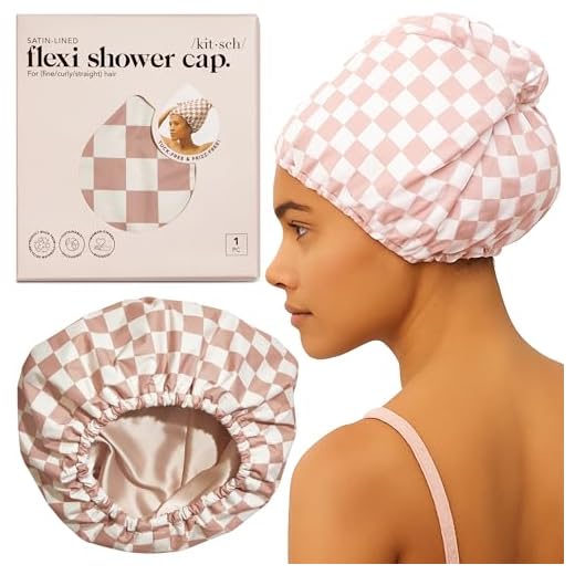 Kitsch Luxury Shower Caps for Women Reusable Waterproof - Flexi Satin Lined, Large Wide Shower Cap for Women & Men, Adjustable, Stylish Hair Cap for Shower, For Long & Short Hair - Terracotta Checker