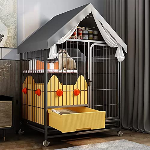 猫ケージ屋内、猫ケージ猫クレート猫犬小屋、引き出し式猫用トイレボックス、猫用登山用はしご、上部収納、下部車輪、強力なサポート、1〜2匹の猫用。(A-78-55-125cm/31-22-49in)