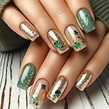 LBPEPAMZ 24Pcs St. Patrick's Day Press on Nails Short Medium Square Fake Nails with Green Shamrock Design Glitter Gold Gradient French Tips False Nails Green Bling Full Cover Stick on Nails for Women