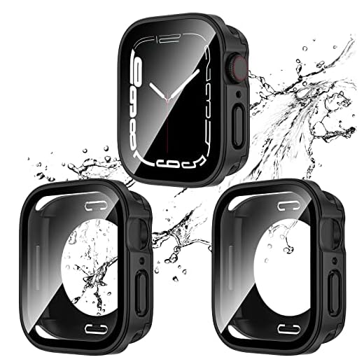 2 Pack 2 in 1 Waterproof Case for Apple Watch Series SE SE2 6 5 4 44mm, Straight Edge PC Front & Back Bumper with Tempered Glass Screen Protector 360 Protective Cover for iWatch (44mm, Black/Black)
