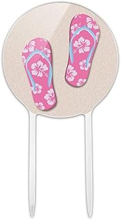 Acrylic Pink Flip Flops on Sand with Hibiscus Flowers Sandals Beach Cake Topper Party Decoration for Wedding Anniversary Birthday Graduation