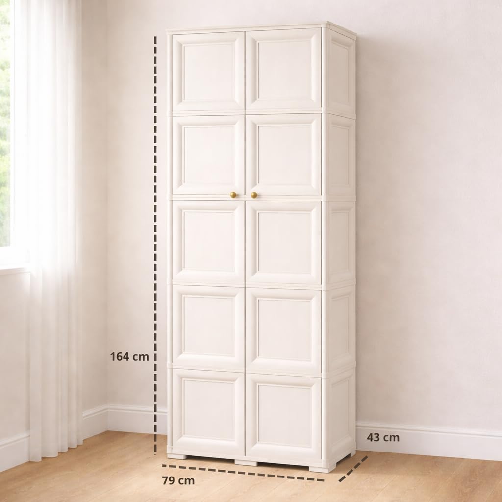Armadio in Plastica 79 x 43 x 203 cm con 5 Moduli – Mobile Alto Contenitore Salvaspazio per Organizzazione Casa, Zona Living e Ingresso (Angora)