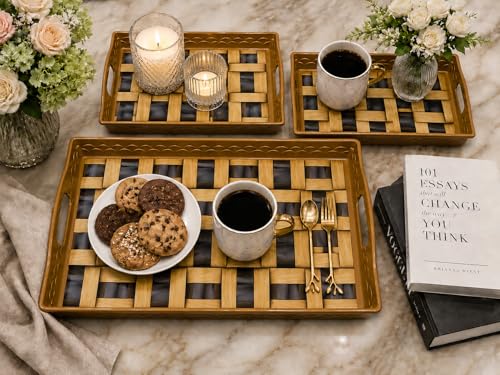 Image of KITCHIVO 3 Pcs Plastic Serving Tray Set with Handle | Multipurpose Tea Snacks Breakfast Tray | Floral Printed Rectangular Serving Trays for Kitchen & Home (Honey Weave)