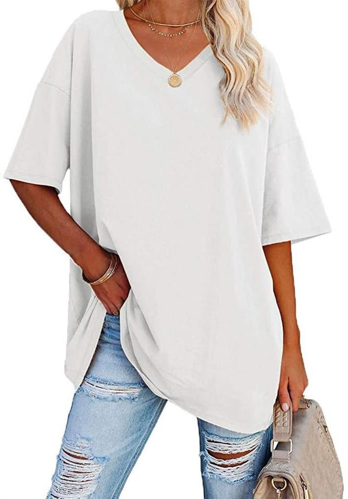 WINKEEY Camisa de Manga Corta de Color sólido para Mujer Camiseta básica Suelta de Verano Cuello en V Casual tee Tops
