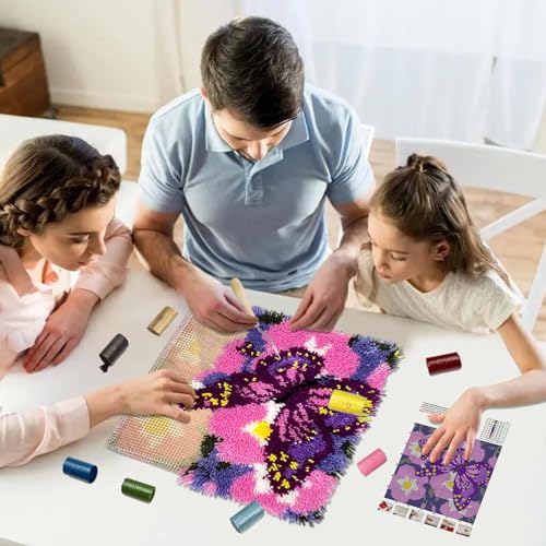 Image of veirousa Butterfly Floral Latch Hook Kits for Adults Beginners DIY Crochet Pillow Kit Pre-Printed Pillowcase Hook and Latch Rug Kits Needlework Cushion Cover for Home Sofa Decoration 17x17 in.