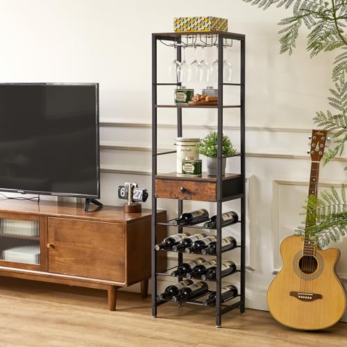 IBUYKE Portabottiglie da Terra a 4 Livelli con Portabicchieri e Cassetto, Portabottiglie da 16 Bottiglie da Banco in Legno, Per Cantinetta Vino, Cucina, Sala da Pranzo, Marrone TMJ905H - immagine 3