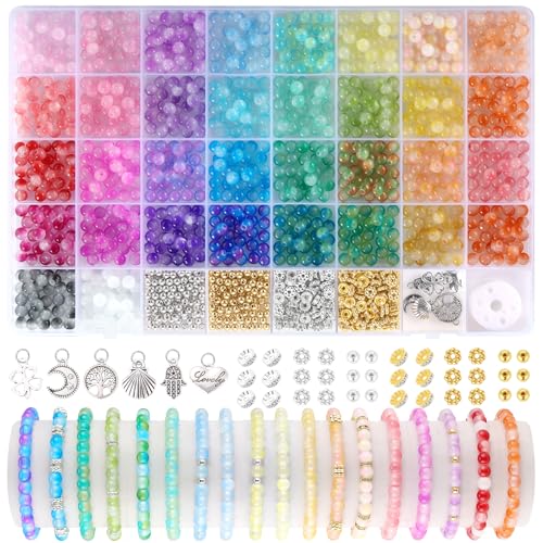 Image of Funtopia 6mm Glass Beads Bracelet Making Kit, 1396pcs Gradient Glass Beads | 34 Colors Crystal Round Beads for Jewelry Making Bracelets DIY Crafts with Spacer Beads and Charms