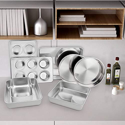 Teamfar Stainless Steel Bakeware Set Of 8, Baking Roasting Toaster Oven Pans, Lasagna / Square / Round Cake Pan, Loaf Pan & Muffin Pan, Non-Toxic & Durable, Smooth & Dishwasher Safe #TOP3