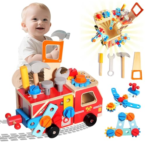 Pmueuff Outils Enfant Jouet, 33 Pièces Boite a Outils en Bois Jeux Montessori Jeu d'Imitation Bricolage Éducatif Etabli Camion de Pompier en Bois Cadeau pour Garcon Fille 2 3 4 5 Ans