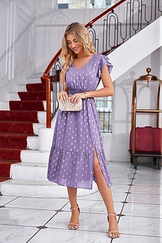 Image of GRACE KARIN Women 2023 Summer Dress Midi Dress Gold Dots V Neck Ruffle Cap Sleeve Flowy Split Tiered A-Line Wedding Guest Dress Lavender Purple M
