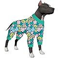 LovinPet Big Dog Pajamas For Large Dogs - Big Dog Clothes, Post Surgery Onesie, Lightweight Fabric Pitbull Dog Pullover Pajamas, Navy Wild Flowers Print, Full Coverage Dog Pj's,Blue Green M