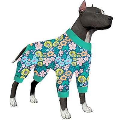 LovinPet Big Dog Pajamas For Large Dogs - Big Dog Clothes, Post Surgery Onesie, Lightweight Fabric Pitbull Dog Pullover Pajamas, Navy Wild Flowers Print, Full Coverage Dog Pj's,Blue Green M