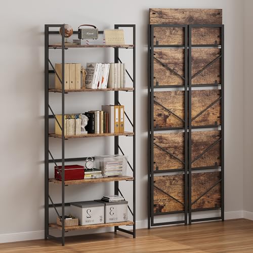 Image of JSB No Assembly Folding Bookshelf, 5 Tier Industrial Metal Book Shelf for Storage, Vintage Wood Foldable Bookcase for Living Room, Bedroom, Office Organization Shelves