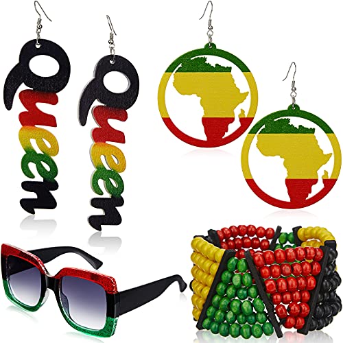 Joyería africana de Jamaica con pendientes de madera y gafas de sol