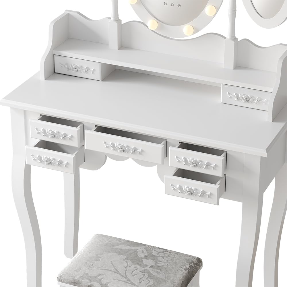 Vicco Tavolo da toeletta Diana, Bianco, 90 cm | con illuminazione e sgabello, con illuminazione LED e sgabello, specchio regolabile in altezza