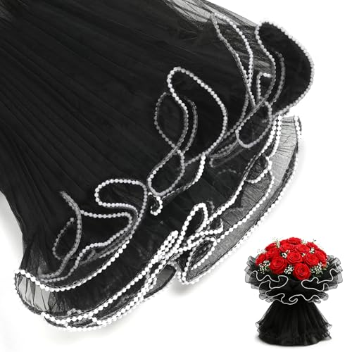 Flower Wrapping Mesh Paper Black Bouquet Wrapping Paper with Pearl Edge Wrinkled Pearl Mesh Floral Packaging Florist Supplies for Mothers Day Graduation Wedding Birthday Fathers Day 4.37 Yard