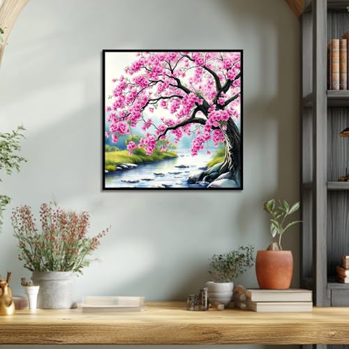 Image of Diamond Art Kits for Adults Landscape, 5D DIY Diamond Painting Kits for Adults Beginner, Pink Cherry Blossom Tree DIY Paint By Diamonds Dots with Gem Art for Home Wall Decor 13.8x13.8 inch