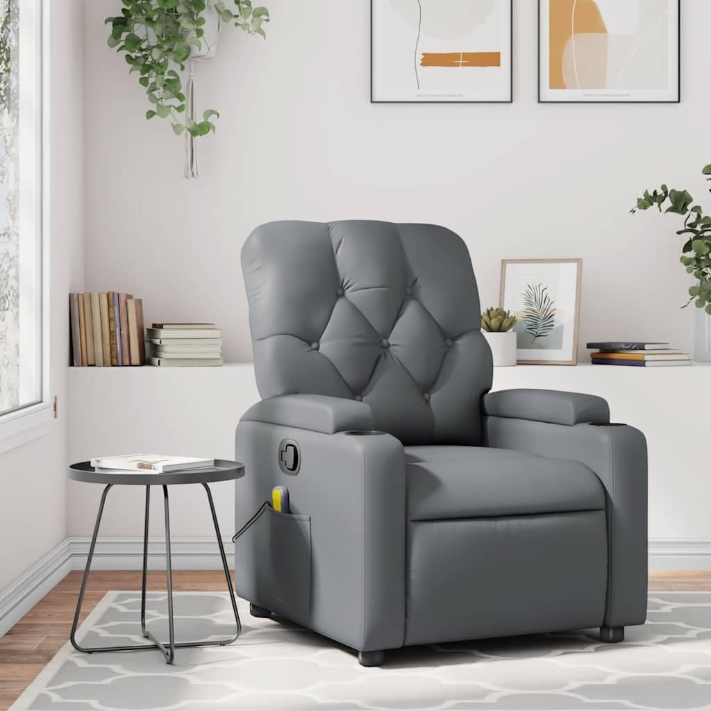 Poltrona massaggiante poltrona relax grigio ecopelle ergonomica con massaggio vibrante a 6 punti, inclinazione manuale per soggiorno, camera da letto, portata 110 kg