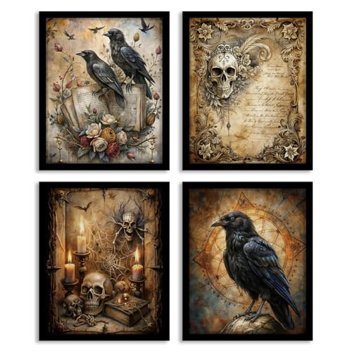 Image of WEFKODO Vintage Moody Gothic Wall Decor Skull Prints, Vintage Crow Goth Dark Academia Wall Art Posters 4Pcs, Gothic Decor for Home Bedroom Bathroom Dorm College, 8x10 Unframed