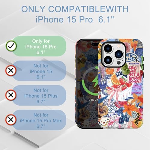 Compatible for iPhone 15 Pro Case Vintage Blue Collage Y2K European Summer Flowers Bow Cute Aethetic [Compatible with Magsafe] Rugge 2-in-1 Layer Shockproof Anti-scratch Phone Case for iPhone 15 Pro by Ceckooty - Used condition - Image 6
