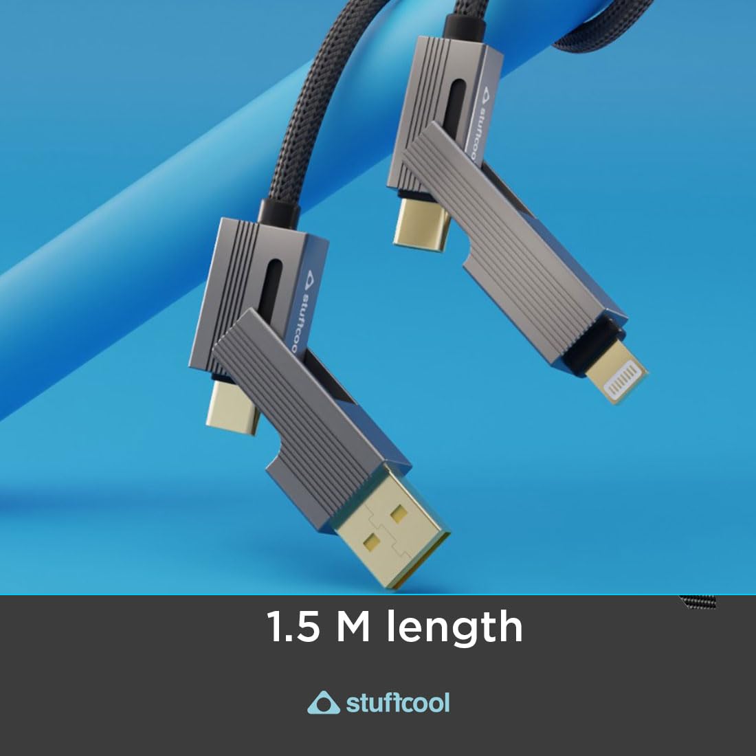 Stuffcool Quad Pro Max 4 in 1 Metal Braided Cable 1.5m 240W Rugged e-Marker chip gold plated connectors with lightning to type C, type C to C, Lighting to type A best for iPhones, Macbooks,Laptops 1