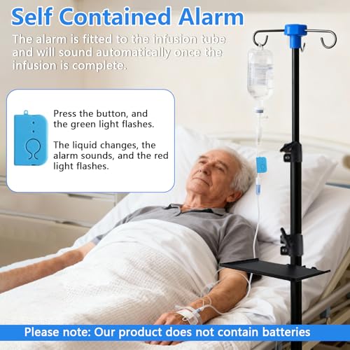 Infusionsständer mit Ablage und Alarm, Höhenverstellbar 90–190 cm, Klappbarer Infusionsbeutelständer mit 4 Haken, 3 Netzbeuteln und 1 Aufbewahrungstasche, Mobiler Infusionsständer für Krankenhaus