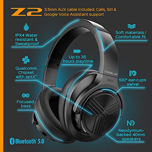 Treblab Z2 - Ultra Premium Over Ear Wireless Headphones - High-End Bluetooth 5.0 Stereo Aptx, Active Noise Cancelling Anc Microphone, 35H Battery, Sports Gym Workout Travel Auriculares (Renewed) #TOP3