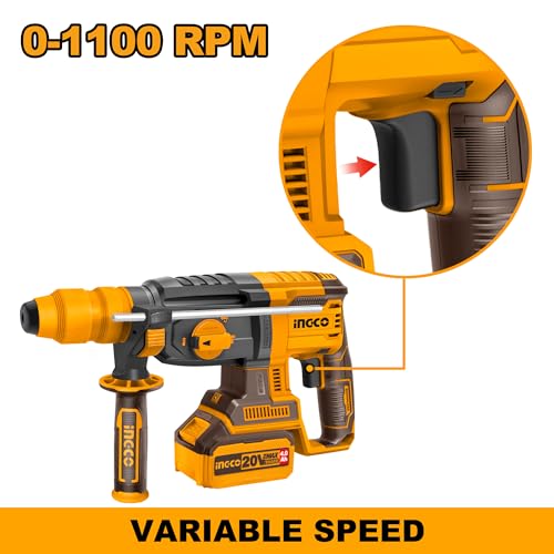 Image of INGCO 20V Cordless Brushless Hammer Drill, 26mm in Concrete, 2.5 J, 4IN1 Function, 5000 BPM, With 2Pcs 4.0Ah Battery And Charger, Packed by Carrying Case