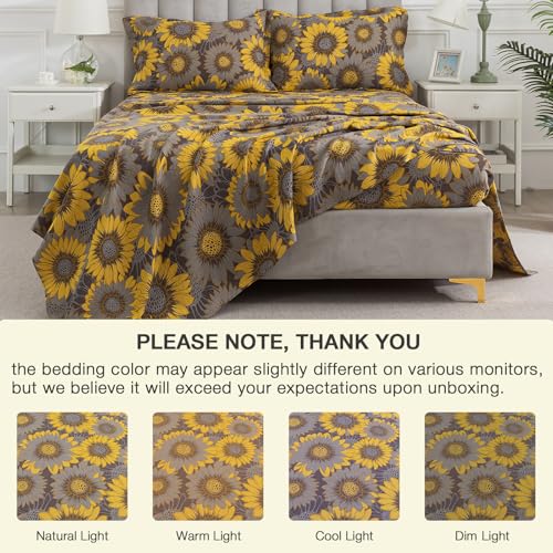 Image of Sunflower Muslin Bed Sheets Queen Size, Shabby Yellow Floral Chic Soft Farmhouse Sheet Set, Neutral Luxury Cottage Bedding, Grey Flower Deep Pocket Fitted Sheet, 100% Washed Cotton, 4Pcs