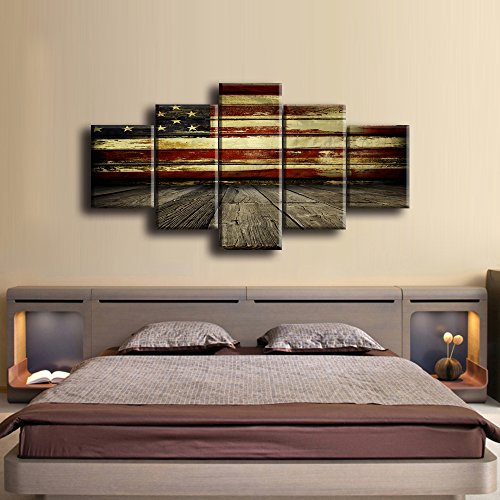 Wooden American Flag Wall Pictures For Living Room Usa Canvas Print Retro Us Flag Modern Painting 5 Piece Framed Hooks Posters And Prints Bedroom Giclee Print Gallery Wrap Stretched(60''W X 40''H) #TOP2