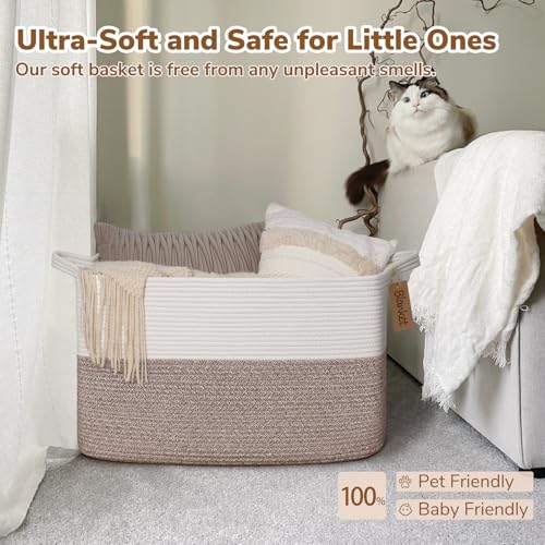 Image of Goodpick 75L Extra Large Woven Rope Blanket Basket, Rectangle, Brown | 22 inch x 17 inch x 12 inch Decorative Storage Basket for Pillows & Clothes, Fits Living Room & Nursery Organization, Handles