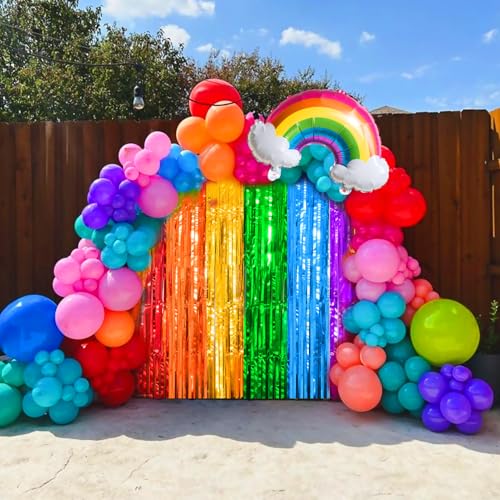 Image of 4 Packs Rainbow Foil Fringe Curtain, Assorted Color Metallic Tinsel Backdrop for Birthday, Baby Shower, Wedding, Rainbow Party Decorations Supplies