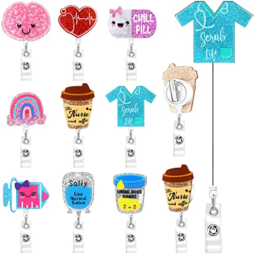 9 Pcs Nurse Badge Reels Bling Glitter Scrub Life Retractable ID Badge Holder with Alligator Clip Cute Nursing Name Tag for Nurses, Doctors, Medical Office Workers Uniform Accessories Gifts(Lovely)