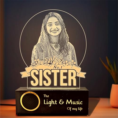 Image of ZOCI VOCI Rakhi Gift for Sister - Personalized No.1 Sister Lamp with Bluetooth Speaker, Custom Engraved Style Photo Acrylic LED Night Light, Birthday Gift from Brother