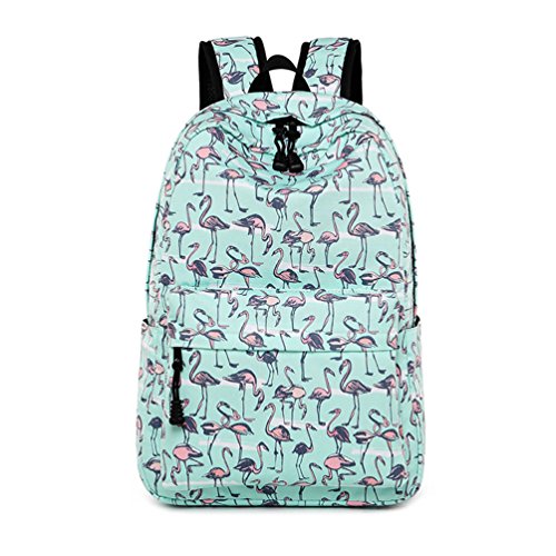 Inwagui Sac à Dos College Scolaire Femme Cartable Loisir Voyage Mode Fille Sac à Dos D'ecole en Polyester Imprimé pour l’Adolescent et l’Étudiant - Flamants Roses, Vert Cover