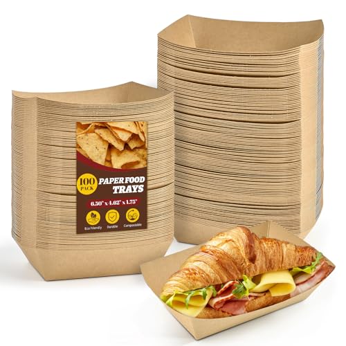 Ocmoiy 2lb Kraft Paper Food Trays, 100 Pack Heavy Duty Food Boats Disposable Food Serving Tray Food Holder Trays for Hot Dog, Nachos, Tacos, Fries, BBQ, Festivals, Party
