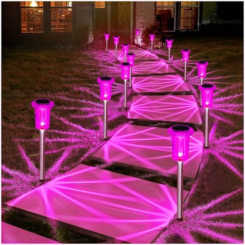 Image of DenicMic Solar Outdoor Lights 10 Pack Pink LED Valentines /Mothers Day Decor | Garden Decor for Outside Yard Patio Flowerbed Pathway Starburst Pattern, Acrylic Diamond-like Lampshade Stainless Steel Pole