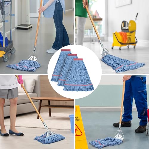 Image of Matthew Cleaning 24oz Heavy Duty Mop Head Commercial Replacement for General and Floor Cleaning, Wet Industrial Blue Cotton Looped End String Head Refill (Pack of 3) Blue