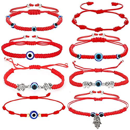 Horoshop 8 pulseiras de olho maligno Hamsa feitas à mão com nó, cordão vermelho, pulseira trançada e