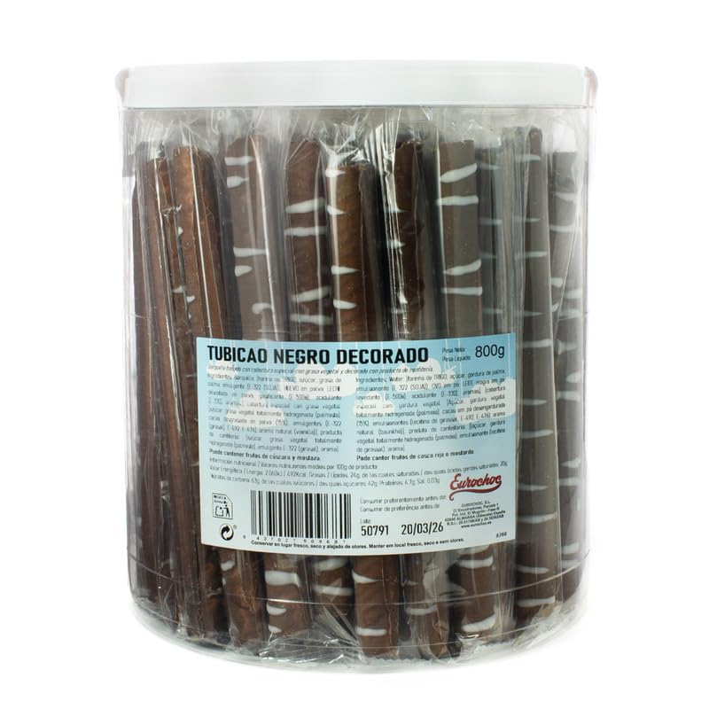 Barquillos Rellenos Tubicao Eurochoc – Surtido de Chocolate Negro y Blanco – Tarro 80 Unidades Aproximadas (TUBICAO NEGRO)