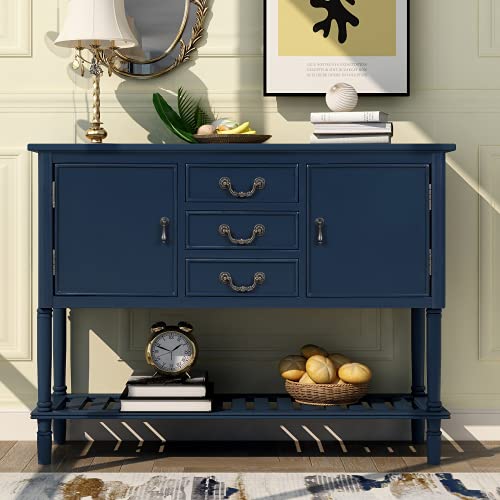 XD Designs Solid Wood Console Table Sofa with 3 Drawers,2 Cabinet and 1 Shelf, Free Standing Kitchen Storage Sideboard Buffet Table, Retro Narrow Accent Furniture (Navy Blue1), 14.96Dx45.28Wx33.86HIn