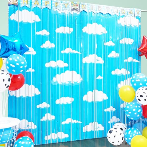 Cartoon Toy Inspired Story Birthday Party Decoration, 2 Pack Story Party Photo Booth Prop, Blue Sky White Cloud Fringe Curtains Tinsel Photo Streamers Backdrop for Cartoon Story Party Supplies