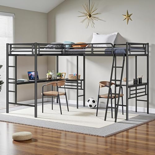INCLAKE L Shaped Metal Loft Bed with 2 Desk, Twin Size Loft Bed with Safety Guardrail and 2 Ladder, Heavy-Duty Steel Frame Corner Twin Bed for Girls Boys Teens, Black