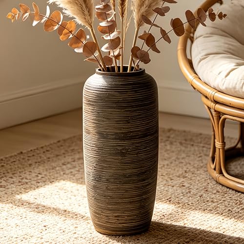 JIDOFUE Jarrón de suelo de cerámica rústico grande, 40 cm, jarrón vintage bohemio para decoración del hogar, jarrón de terracota texturizado para salón, estantería o entrada