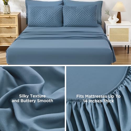 Image of Andency Super King Plus Comforter Set Ocean Blue - 7 Pieces Bed in a Bag Oversized King Bedding Sets, Boho Tufted Lightweight Fluffy Bed Set with Comforter, Sheets, Pillowcases & Shams