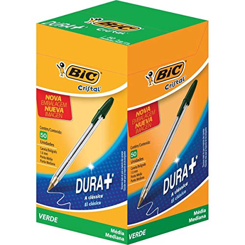 Caneta BIC Verde Cristal Dura Mais – Ponta Esferográfica Média de 1.0mm. Escrita Macia e Cor Intensa