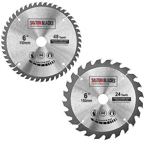 2x Saxton TCT Circular Saw Blades 150mm x 20mm bore 24 & 48 teeth + 16mm and 10mm Ring Compatible with Ryobi Bosch Makita Dewalt