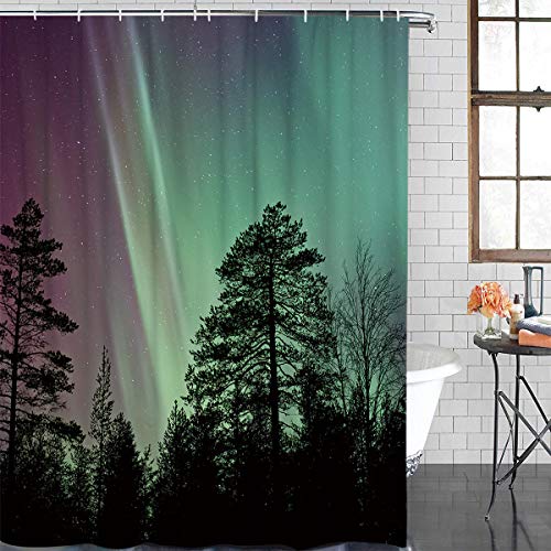 72x96 inches Bathroom Shower Curtain, Aurora Lanscape Fabric Shower Curtain with Hooks, Decorative Bathroom Accessories, Waterproof Machine Washable Bath Curtain